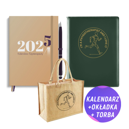 Pakiet: Kalendarz fizjoterapeuty 2025 + Torba jutowa (30x30 cm) + Zielona okładka