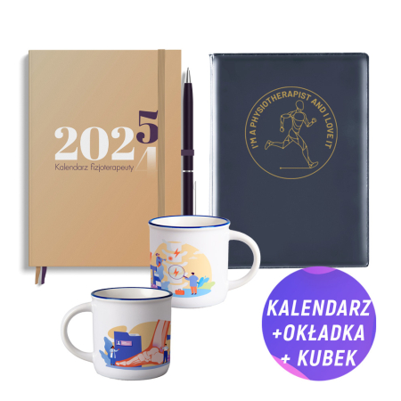 Pakiet: Kalendarz fizjoterapeuty 2025 + Kubek (250ml) styl retro + Granatowa okładka