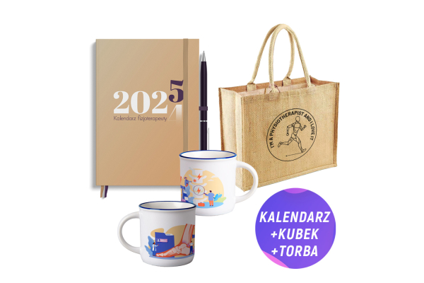 Pakiet: Kalendarz fizjoterapeuty 2025 + Kubek (250ml) styl retro + Torba jutowa (30x30 cm)