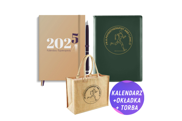 Pakiet: Kalendarz fizjoterapeuty 2025 + Torba jutowa (30x30 cm) + Zielona okładka