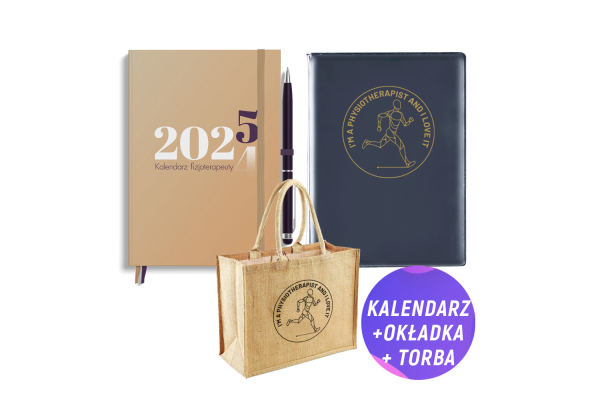 Pakiet: Kalendarz fizjoterapeuty 2025 + Torba jutowa (30x30 cm) + Granatowa okładka