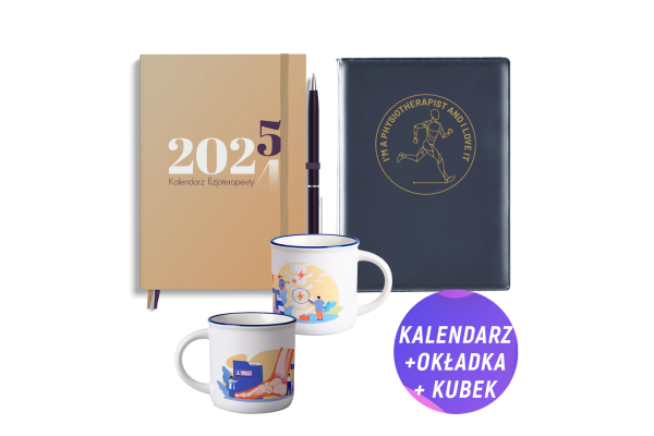 Pakiet: Kalendarz fizjoterapeuty 2025 + Kubek (250ml) styl retro + Granatowa okładka